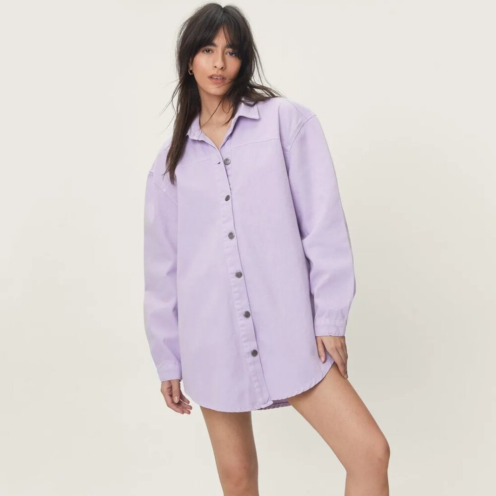 Oversized Button Down Denim Shirt Dress - Lilac